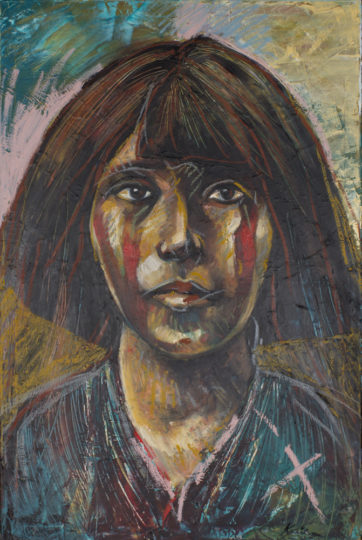 Kaila Farrell-Smith (American, Klamath, and Modoc, born 1982), After Boarding School: In Mourning, 2011, oil on canvas, Portland Art Museum Purchase: Funds from Native American Art Council, © 2011 Kaila Farrell-Smith,