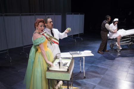 Camille Sherman as the Announcer, Ricardo Garcia as Donald Hopewell, Geoffrey Schellenberg as Doctor Gregg, and Emilie Faiella as Lola Markham in Gallantry. Photo by Kate Szrom.
