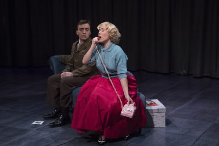 Emilie Faiella as Lucy and Geoffrey Schellenberg as Ben in The Telephone. Photo by Kate Szrom/Portland Opera.