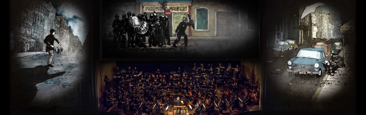 A mock up of projected animations at the Arlene Schnitzer concert hall, depicting stylized representations of 1960s era protests in France, the orchestra performs below.