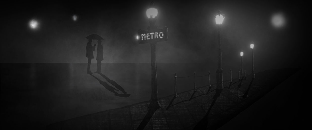 Black and white hand drawn animation still featuring two silhouetted figures standing at night under an umbrella, a Parisian "Metro" sign is illuminated by a streetlamp in the foreground